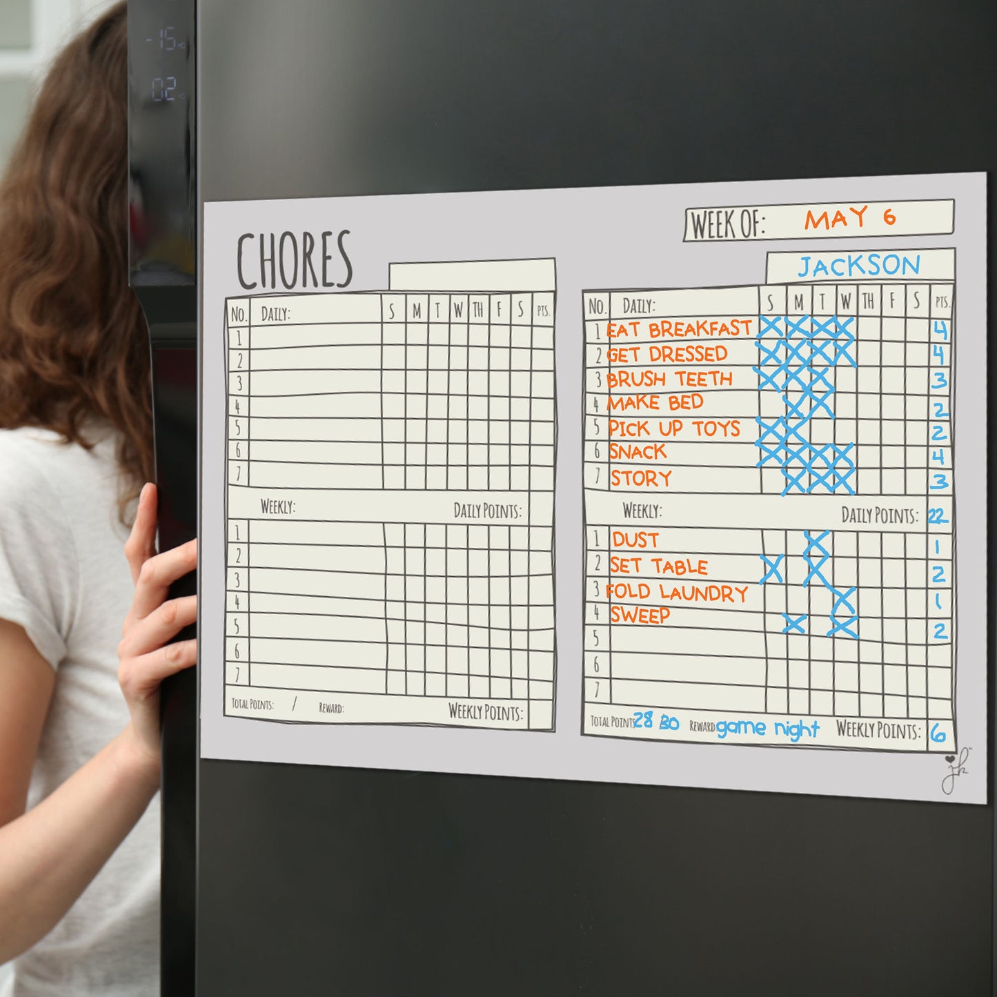 Magnetic Family Chore Chart with Markers - Sketch Design